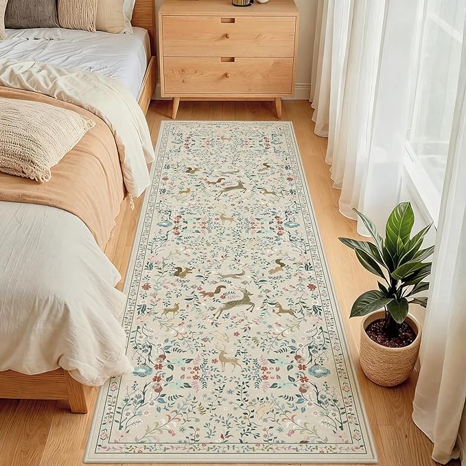 Runner Rug Washable Runners Kitchen Rugs Non Slip Animal Floral Carpet Low Pile for Indoor Hallways Entryway Living Room Bedroom Laundry Soft Mat 2'6''x8' Beige