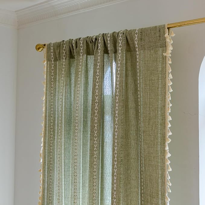 Deeprove Green Boho Linen Curtains 72 inches Length for Bedroom Living Room Dining Nursery Closet, Hollow Sage Semi Sheer Curtains Darkening Embroidery Drape Window Treatment, 1 Panel W52 x L72