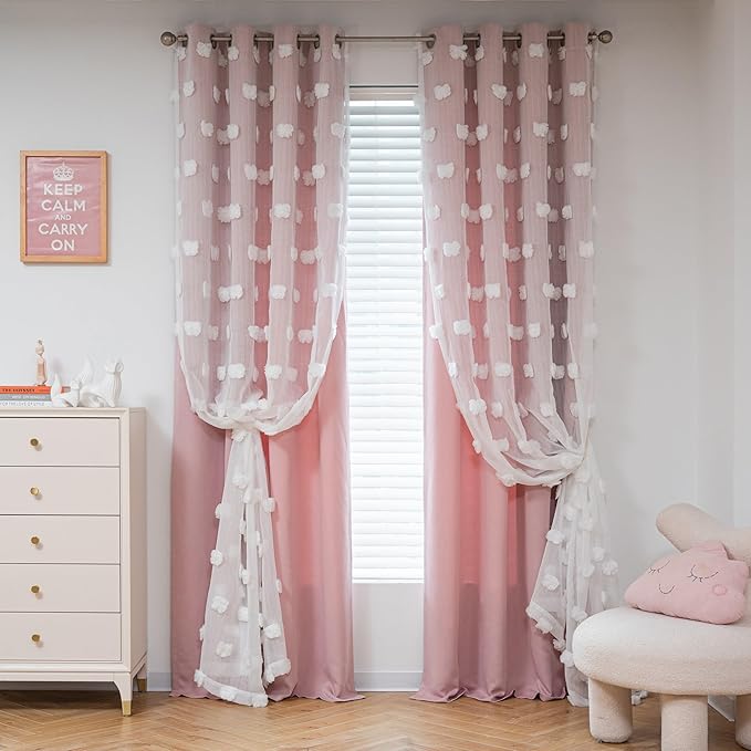 MYSKY HOME Double Layer Curtains for Girls Bedroom Kids Curtain White Pom Pom Sheer Window Curtains 2 Panels Pink Curtains Grommet Room Darkening Solid Nursery Curtains 63 Inches Length, W52 X L63