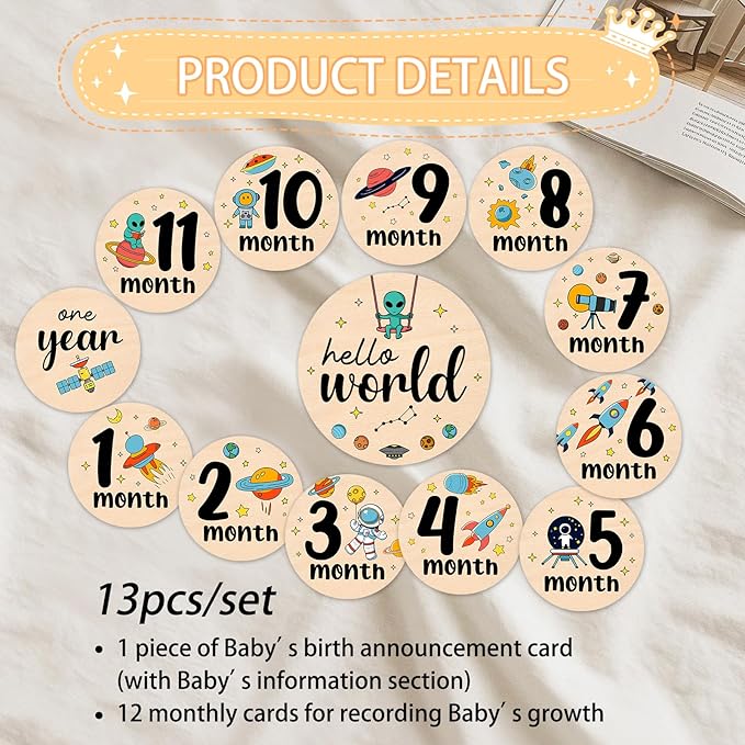 Baby Milestone Cards - Space Adventure Baby Monthly Milestone Signs, Rocket & Planet Wooden Signs Discs for Photo Props, "Hello" Newborn Announcement Sign with Astronaut,Baby Shower/Gift Set(13pcs)