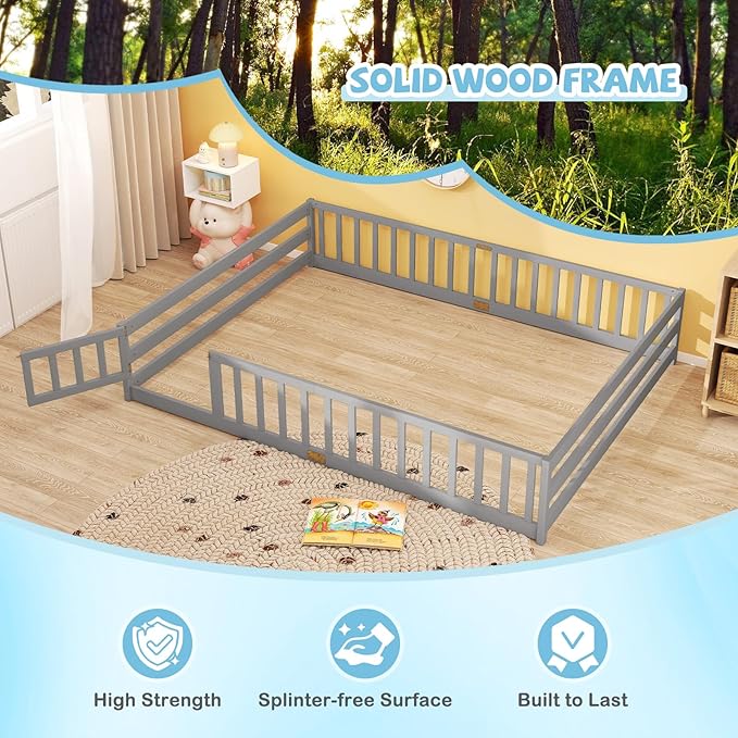 Giantex Queen Floor Bed with Door & Fence, Kids Wood Montessori Beds with Safety Guardrails, Floor Bed Twin for Kids, Boys, Girls, No Box Spring Needed, Grey