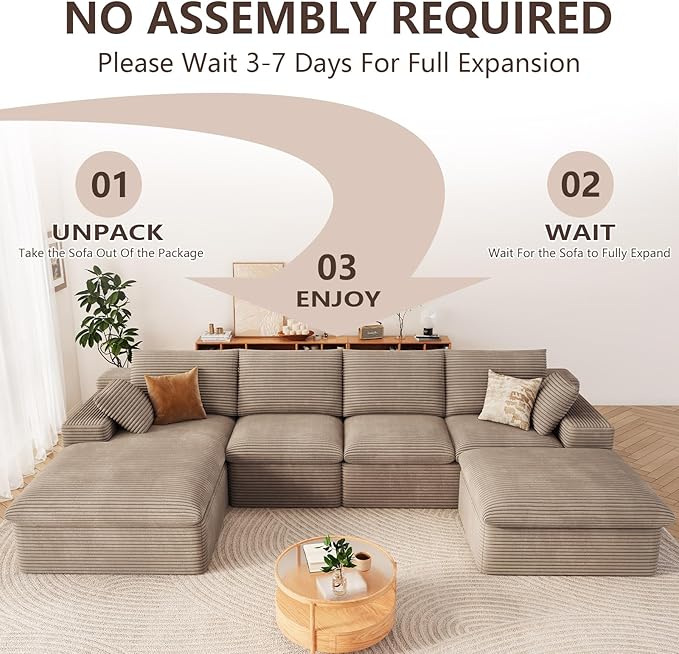 136" Cloud Modular Sectional Sofa with 1 Ottoman, Modern Upholstered Corduroy Couches, Deep Seat Boneless Couch, Comfort U Shaped Sofa for Living Room, No Assembly Required(Camel,Left Facing Chaise)