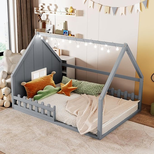 Merax Full-Size Wood House Bed with Window and Fence, Full Bed Frame for Teens, Boys, and Girls, Grey