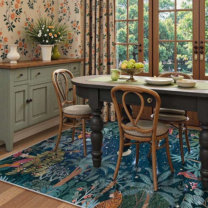 Lahome Midnight Jungle Rug, 9x12 Green Forest Living Room Dining Room Rug, Washable Large Carpte for Bedroom Classroom Non Slip Non Shedding Floor Carpet for Guestroom Office