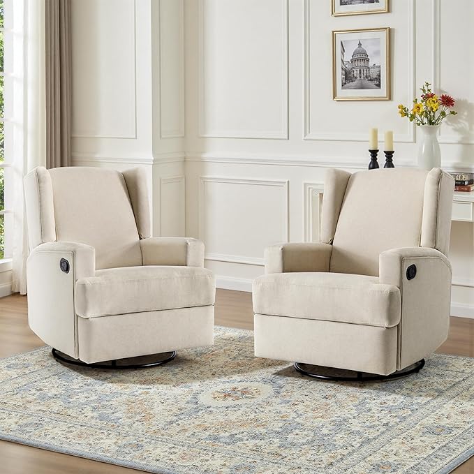 UIXE Swivel Glider Recliner Chairs Set of 2, Fabric High Back Accent Chair Nursery Rocker for Living Room, Upholstered Manual Reclining Sofa Seating with Deep Seat - Beach