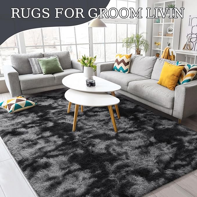 BENRON Fluffy Tie-dye Black Rugs for Living Room Bedroom 4x6, Soft Plush Fuzzy Shaggy Rugs for Kids Girls Boys Room Decor, Washable Indoor Floor Carpets