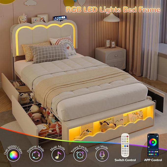 Maupvit Twin LED Bed Frame with Storage Headboard and 4 Drawers, Upholstered Platform Bed Frame with Bookcase, Velvet Princess Bed for Kids Girls, Charging Station, No Box Spring Needed, White