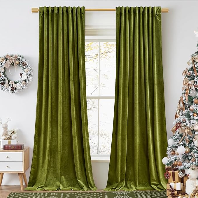 StangH Olive Green Curtains 92 inches Long Christmas Soft Velvet Room Darkening Thermal Insulated Window Drapes Back Tab Luxury Decor for Bedroom Living Room, W52 x L92, 2 Panels