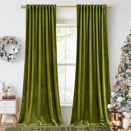 StangH Olive Green Curtains 92 inches Long Christmas Soft Velvet Room Darkening Thermal Insulated Window Drapes Back Tab Luxury Decor for Bedroom Living Room, W52 x L92, 2 Panels