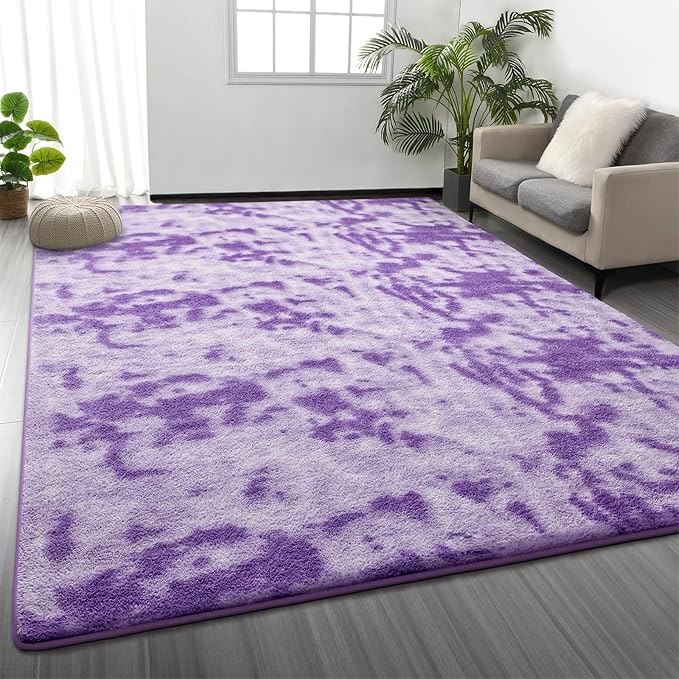 Large Area Rugs for Living Room, 7 x 10 Ft Soft Tie-Dyed Thickened Memory Foam Rug for Bedroom, Non-Slip Comfy Indoor Floor Carpets for Boys Girls Dorm Room Nursery Home Decor, Purple
