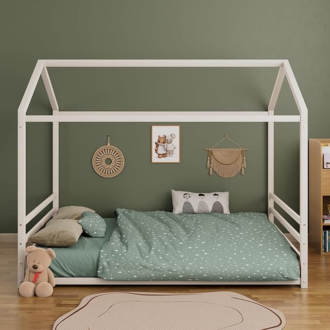 Harper & Bright Designs Full Size Montessori Floor Bed for Children, Metal House Bed Frame with Roof and Fence, Kids Floor Bed Frame for Boys Girls, Easy Assemble, No Slats,White