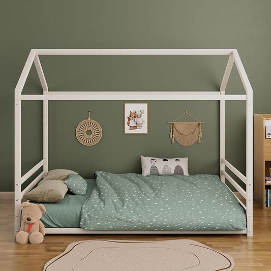 Harper & Bright Designs Full Size Montessori Floor Bed for Children, Metal House Bed Frame with Roof and Fence, Kids Floor Bed Frame for Boys Girls, Easy Assemble, No Slats,White