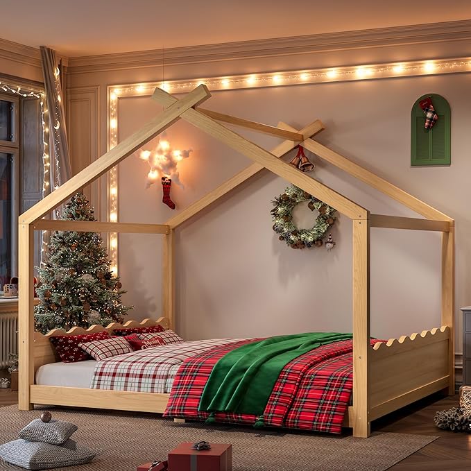 Queen Size Wooden House Floor Bed - Kids Bed Frame with Roof & Support Slats for Bedroom, No Box Spring Needed, Easy Assembly (Natural)