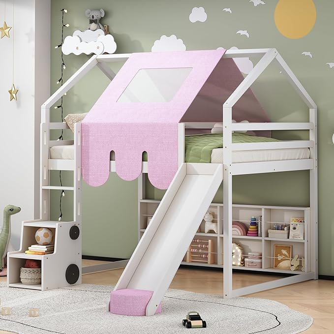 Playhouse Design Full Size Wood Loft Bed with Slide and Tent, Low Loft House Bed Frame with Storage Shelves and Removable Car-Shaped Staircase for Kids Teens Boys Girls Bedroom (White-PT)