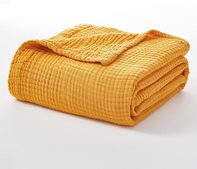 EMME Cotton Throw Blanket - 100% Muslin Soft, Breathable Gauze - All Season, Pre-Washed - Mustard Yellow, 50"x70"
