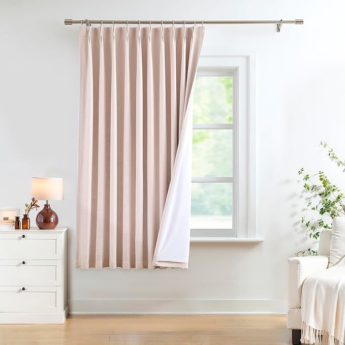Pinch Pleated Blackout Curtain Panels with Full Blackout Liner Linen Texture Window Treatment Sets with Back Tab for Living Room Bedroom Thermal Insulated Drape with 12 Hooks, 60"x72"x1, Pink