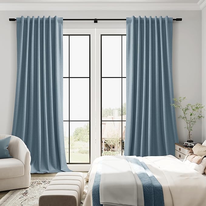 Guken Blue Linen 100% Room Darkening Curtains 120 Inches Long Farmhouse Textured Hook Belt Back Tab Black Out Privacy Patio Curtains for Sliding Door Living Room 2 Panels Set 52x120 10Ft