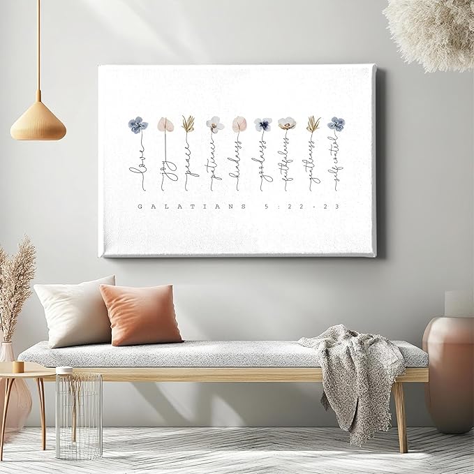 Galatians 5 22-23 Wall Art Fruit of the Spirit Picture Floral Scripture Wall Art Minimalist Flower Posters Bible Verse Quotes Plant Floral Pictures Modern Flower Poster for Bedroom 16x24in with Frame