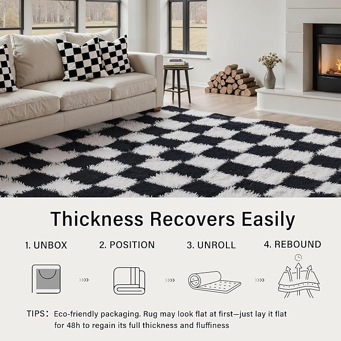 Checkered Rug 4x6 for Living Room, Black and White Modern Shag Rug Super Soft Washable Fluffy Rugs Indoor Fuzzy Carpet for Bedroom Home Dorm Aesthetic Decor