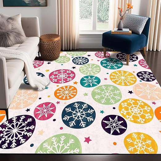 Christmas Rug Winter Stars Area Rugs for Bedroom Dorm Living Room White Bohemian Snowflakes Throw Rug Floor Mat Pad Doormat Carpet, 6' x 9'(180 x 275cm)