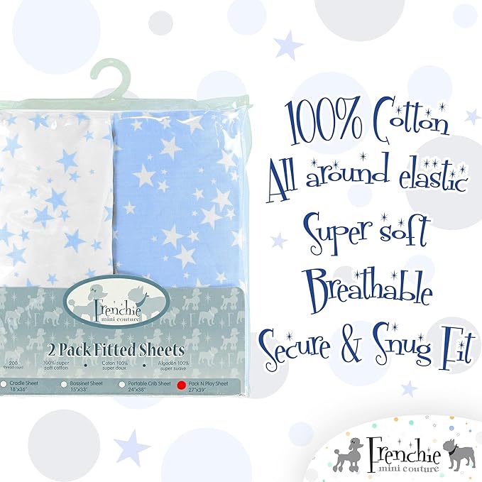 Frenchie Mini Couture Fitted Pack n Play Sheets,100% Cotton Standard Mattress, Blue Stars, 27 x 39in, 2-Pack