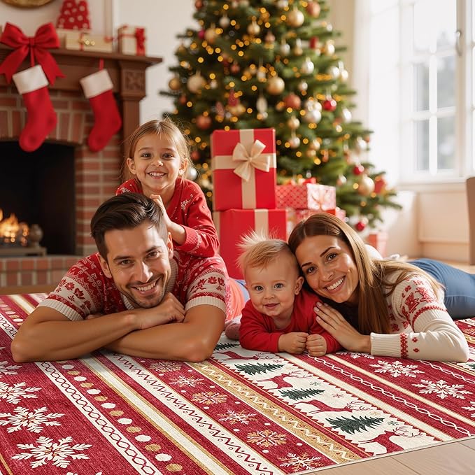 Area Rugs for Living Room Washable Living Room Rug Soft Neutral Indoor Floor Carpet Non-Slip Stain Resistant Modern Boho Rugs for Bedroom Dining Room Kids Room Nursery Office Home Red Green
