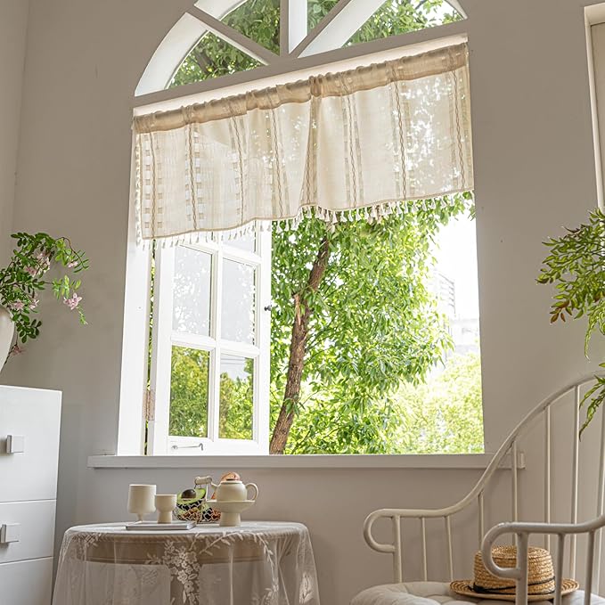 Deeprove Ivory Boho Valance Kitchen Short Curtain, Textured Striped Drape Semi Sheer Privacy Tier Embroidered Chic Window Treatment for Cafe Restaurant Closet, W52 x L18 inch Single 1 Panel