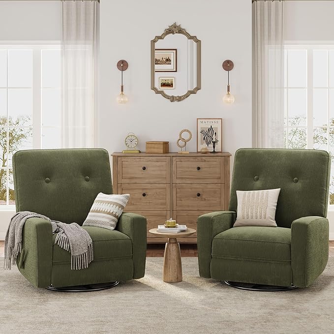 GarveeHome Recliner Chairs, Swivel Rocker Recliner, Glider Recliner Nursery Chair for Adults, 360° Swivel Glider Rocking Chair for Living Room, Bedroom, Office, RV, Small Spaces, Corduroy, Green
