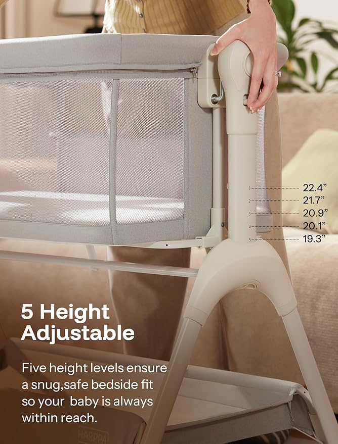 HARPPA Cuddly Baby Bassinet Bedside Sleeper, 3 in 1 Rocking Bassinet with Mattress and Soft Cover, Full Mesh Sides, 5 Height Adjustable with Wheels for Newborns, Grey