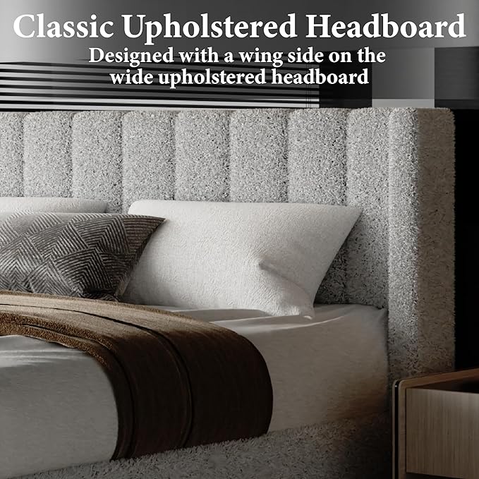 King Bed Frame with Headboard Upholstered Platform Bed Frame with Teddy Velvet Headboard, Wooden Slats Support/Wing Edge Design/No Box Spring Needed/Easy Assembly, Grey King