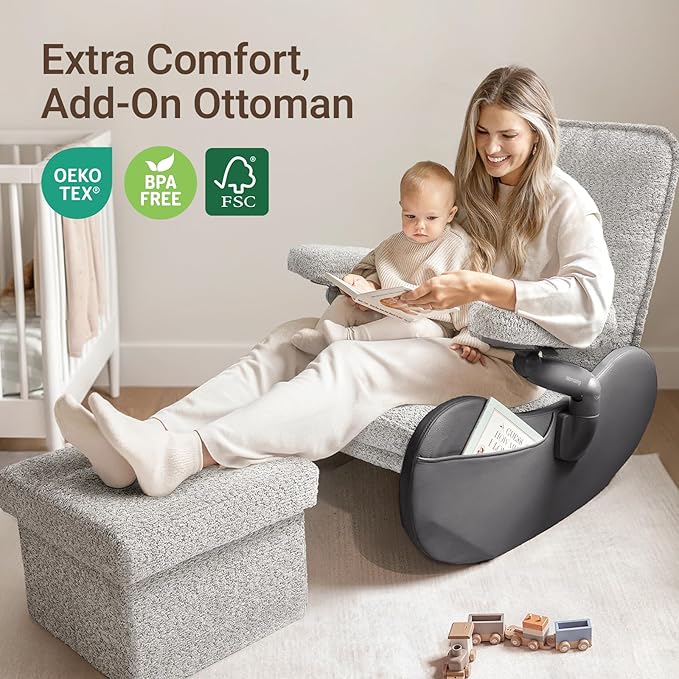 MAMAZING Nursery Rocking Chair Glider with Adjustable Armrests for Breastfeeding, Upholstered Nursing Chair with Removable Cover for Mom and Baby(Black/Grey)