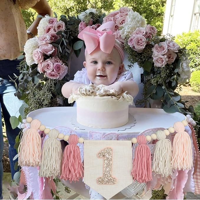 Handmade Boho Pink 1st Birthday High Chair Banner First Highchair Banner For Baby Girls Wall Hangings Wood Bead Tassel Garland 1 Birthday Party Decorations Cake Smash Photo Props