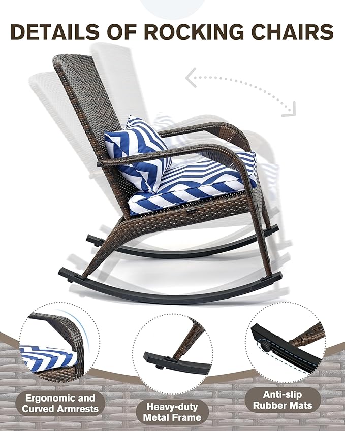 Outdoor Rocking Chairs Set of 2 with Side Table, Patio Rocking Chairs Wicker Set, 3 Piece Patio Rocker Furniture Set with Water-Resistant Cushions for Porch Balcony Backyard
