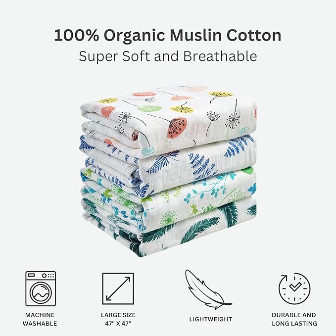 Margaux & May Organic Muslin Swaddle Blankets 2 Pack - 100% Organic, Large 47x47 Inches, Breathable Baby Blankets, Blue Fern and Solid Blue