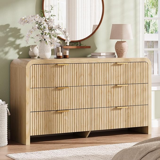Angel Sar 55" Modern Fluted 6 Drawer Dresser for Bedroom, Wooden Bedroom Dresser with Arched Tabletop, Wave Pattern Design & Gold Handles, Closet Chest of Drawers for Clothes Storage, Natural Wood