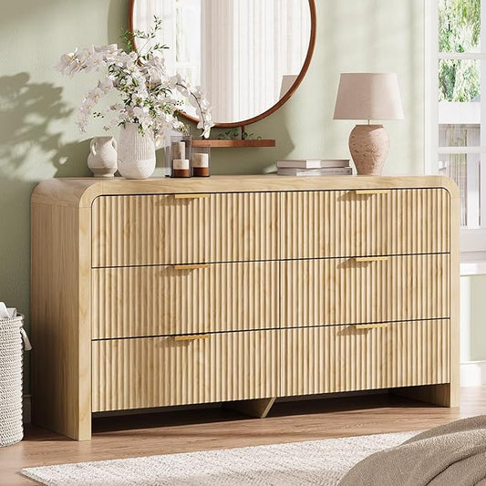 Angel Sar 55" Modern Fluted 6 Drawer Dresser for Bedroom, Wooden Bedroom Dresser with Arched Tabletop, Wave Pattern Design & Gold Handles, Closet Chest of Drawers for Clothes Storage, Natural Wood