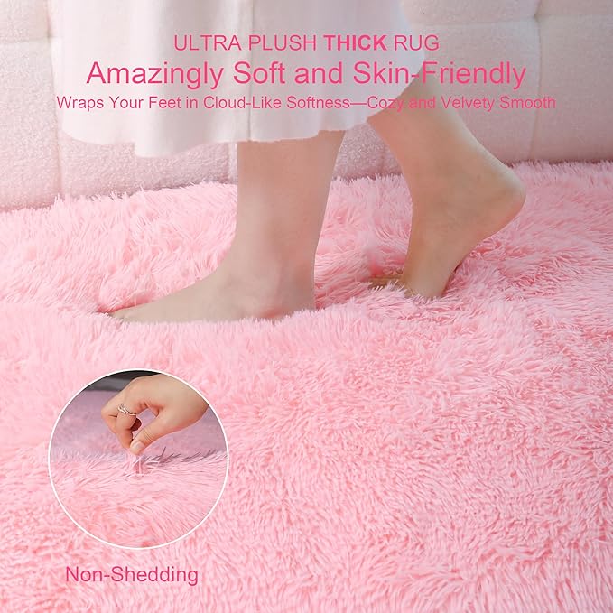 Thick Area Rug 4x6 Pink Fluffy Shag – Ultra Soft Thickened Plush Washable Carpet, Non-Slip Fuzzy Shaggy Rug for Girls Bedroom, Kids’ Room, Nursery, Baby, Dorm, Living Room Cozy Décor