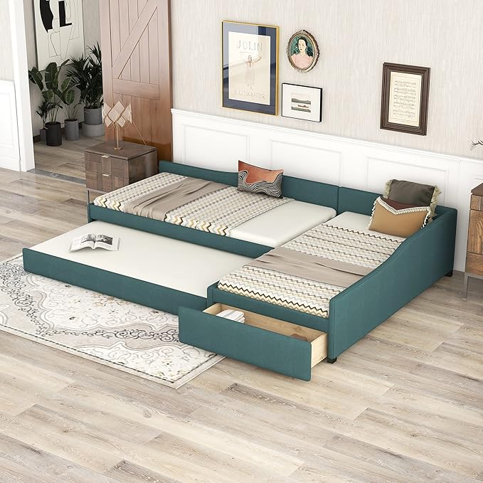 Bellemave L-Shape Platform Bed Twin Size Upholstered Daybed with Trundle and Storage Drawer Linen Corner Day Bed Frame for 3 Kids Boys Girls Teens, Green