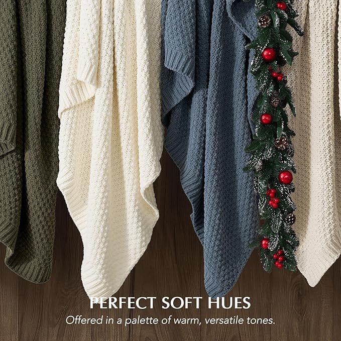 EVERGRACEHOME Chunky Chenille Knit Throw Blanket for Couch, Soft Luxurious Moss Stitch Blankets for Bed, Cozy Decorative Farmhouse Knitted Throws for Sofa, Ivory White, 60" x 80"