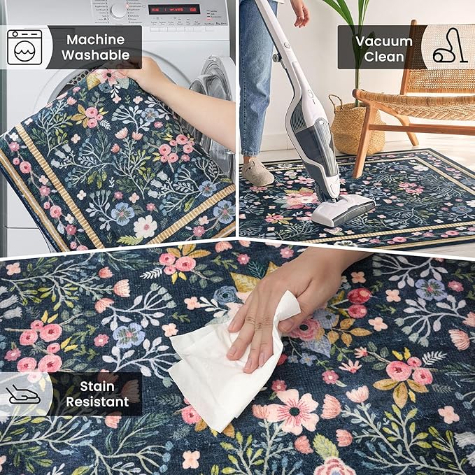 Area Rugs for Living Room 5x7, Washable Non-Slip Thin Floral Vintage Boho Rug for Bedroom Dining Room Office, Soft Rug Indoor Lightweight Carpet, Blue/Multi