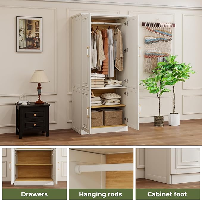 Solid Wood Wardrobe Closet:TemkTuek 70.87" Armoire,Clothing Storage Cabinet with Doors,Shelves and Hanging Rails,Vintage Freestanding,Bedroom,White(18)