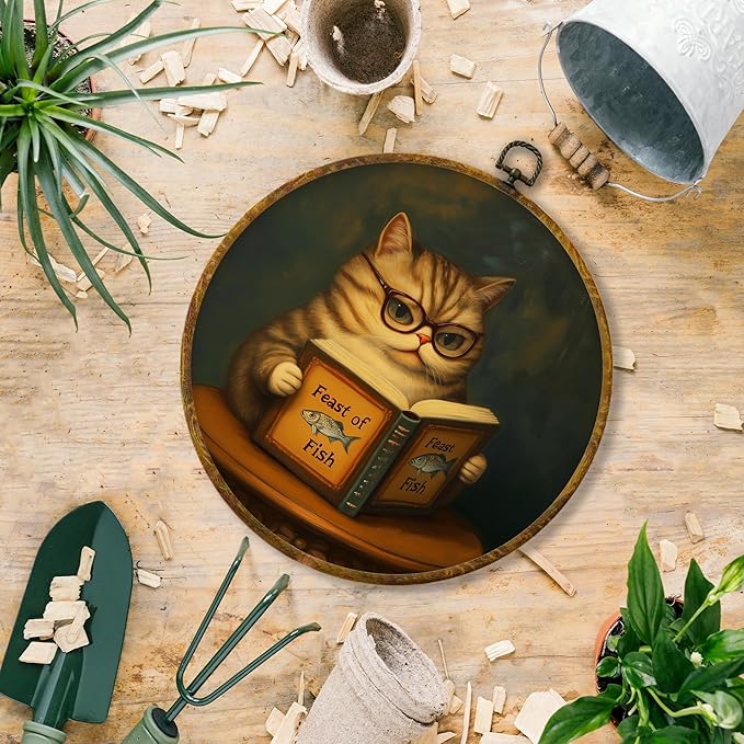 Hiuwevt Vintage Cat Reading Book Round Wall Art, Reading Nook Corner Decor, Book Club Decorations, Funny Cat Hanging Canvas Prints Wall Decor for Library Classroom Home, 10x10 Inch