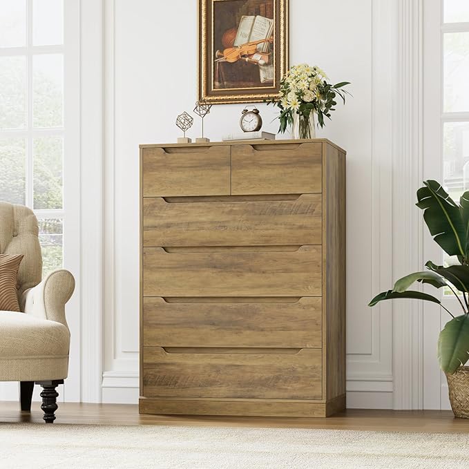 HOSTACK Modern 6 Drawer Dresser for Bedroom, Tall Chest of Drawers with Storage, Large Wood Storage Chest Organizers with Cut-Out Handles, Accent Storage Cabinet for Living Room, Hallway, Rustic Brown