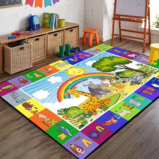 Cartoon Zoo Education Rug for Kids, 6x8ft, Giraffe Zebra Amusement Park Play Mat, Ultra Soft Low Pile Absorbent Indoor Carpet, Breathable Dirty Resistant Mats for Playtime Bedroom