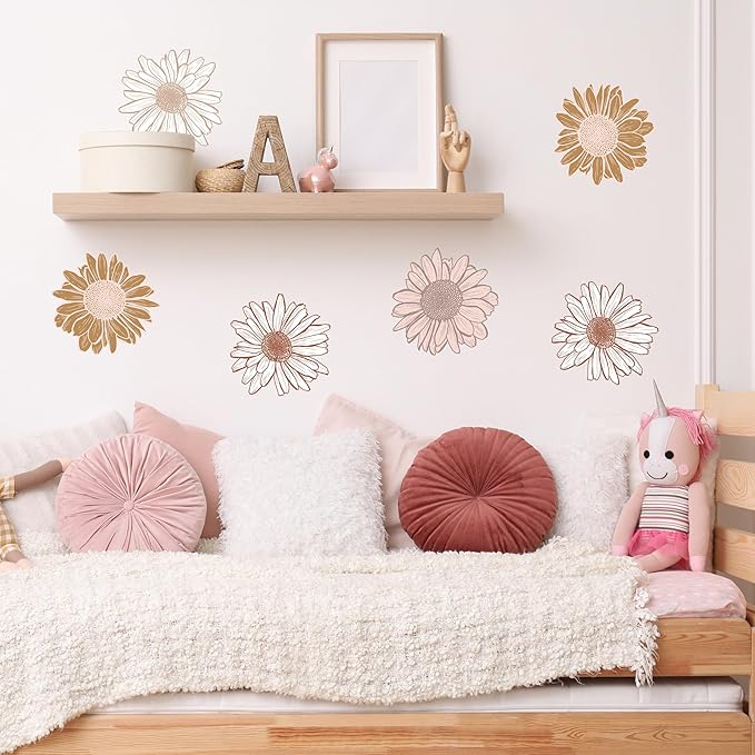 Boho Sunflower Wall Decals - Set of 6 7" Vinyl Flower Room Decor Peel and Stick Removable Floral Stickers for Nursery Bedroom Bathroom