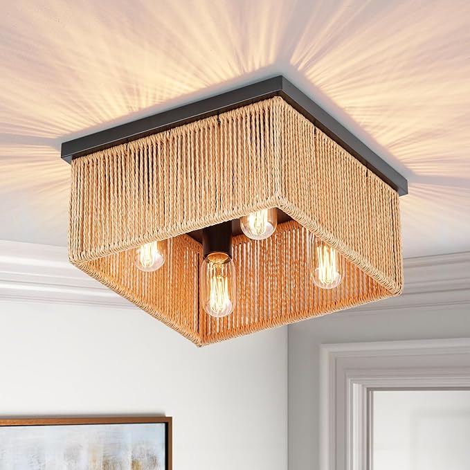 Square 4-Light Rattan Ceiling Light Fixture,12.6"x 12.6" Hand Woven Boho Flush Mount Ceiling Light, Farmhouse Coastal Cage Close to Ceiling Light for Bedroom Nursery Hallway Kitchen Dining Room