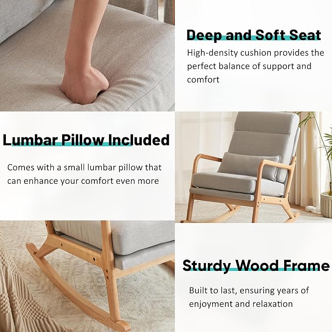 JOYBASE Rocking Chair, Nursery Glider Rocker Chair, Nursing Rocking Accent Chair, Modern Comfy Lounge Armchair with High Backrest for Indoor, Living Room, Bedroom, Nursery (Light Grey, Linen)