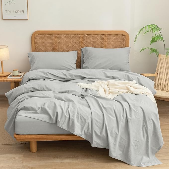 BESTOUCH Sheet Set 100% Washed Cotton Linen Feel Super Soft Comfortable Chic Lightweight 4 Pcs Home Bedding Set Solid Northern Droplet Grey Queen