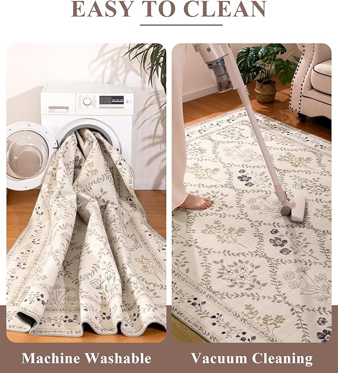 YIHOUSE 5x7 Washable Rug for Bedroom, Beige Floral Rugs for Living Room Non Slip Ultra-Thin Large Boho Rug for Kids Playroom, Classroom, Girls Dorm, Nursery, Beige Multi