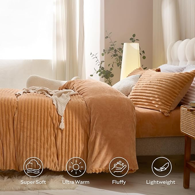JELLYMONI Plush Duvet Cover Set - Queen Size Orange Striped Fluffy Comforter Cover 3pcs Bedding Set Luxury Ultra Soft Faux Fur Duvet Cover with Zipper and 2 Pillowcases (NO Comforter)